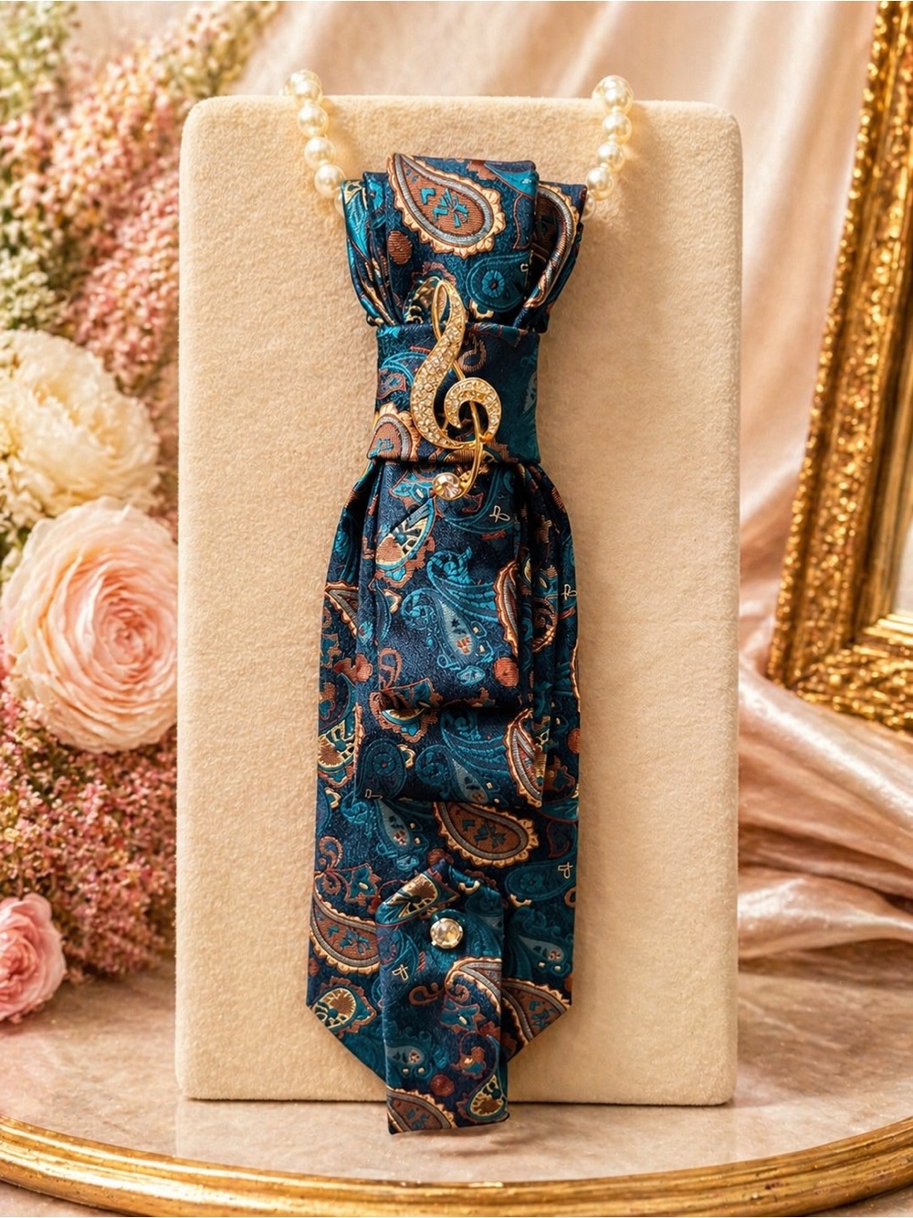 Teal Paisley Silk Necktie Necklace with Gold Treble Clef Pin